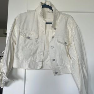 White fringe cropped denim jacket